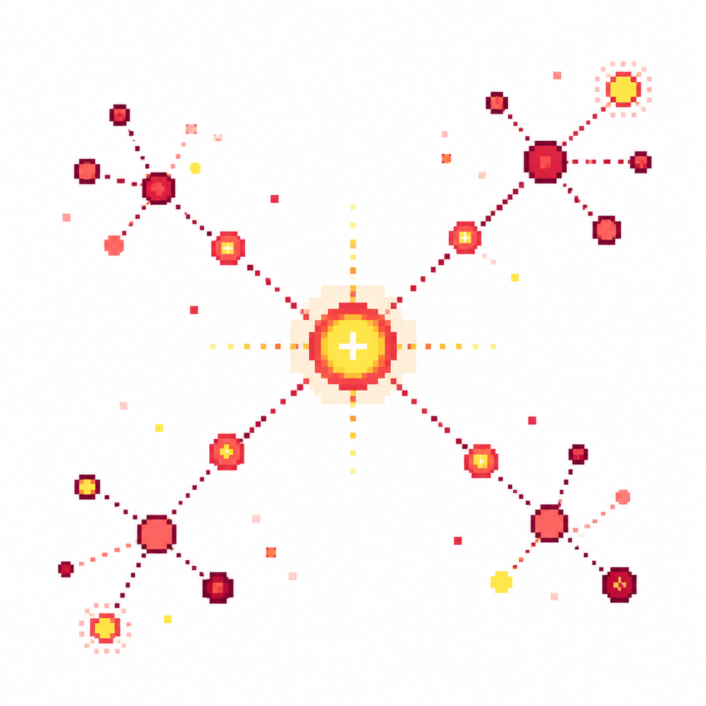 A pixel-art network with one customer lit at the centre, connections radiating out to others.